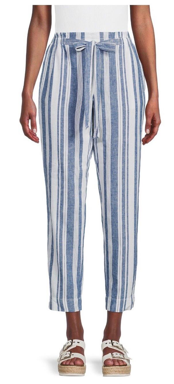 Beach Lunch Lounge Pants Women's XS Tall Linen Blend Blue White Pull On Wide Leg